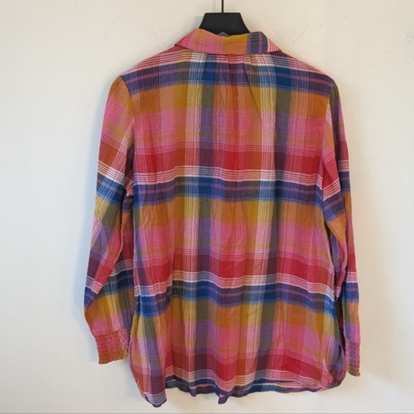 Soft Surroundings Sansonne Shirt Multi Plaid Gauzy Cotton Smocked Embroidered - Picture 5 of 7